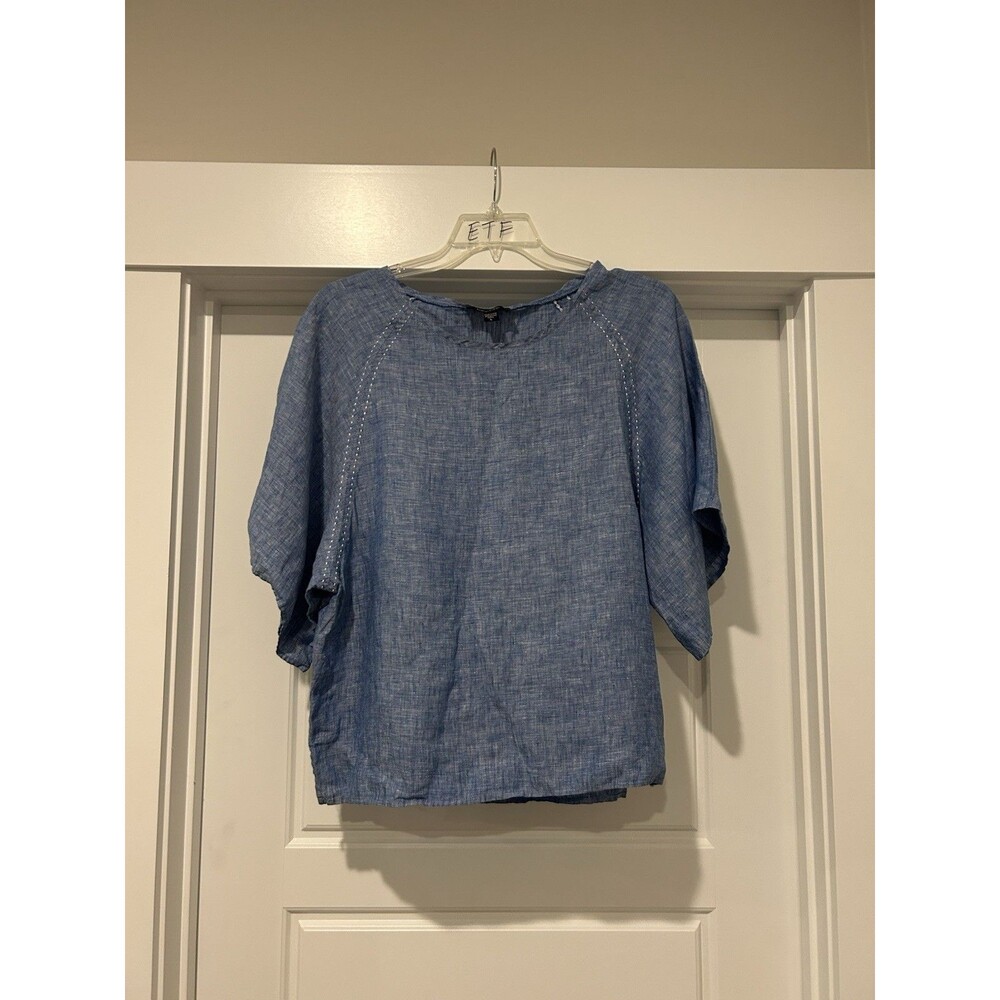 Karen Kane Linen Popover Top Size Large Blue Boxy Dolman Short Sleeve Coastal